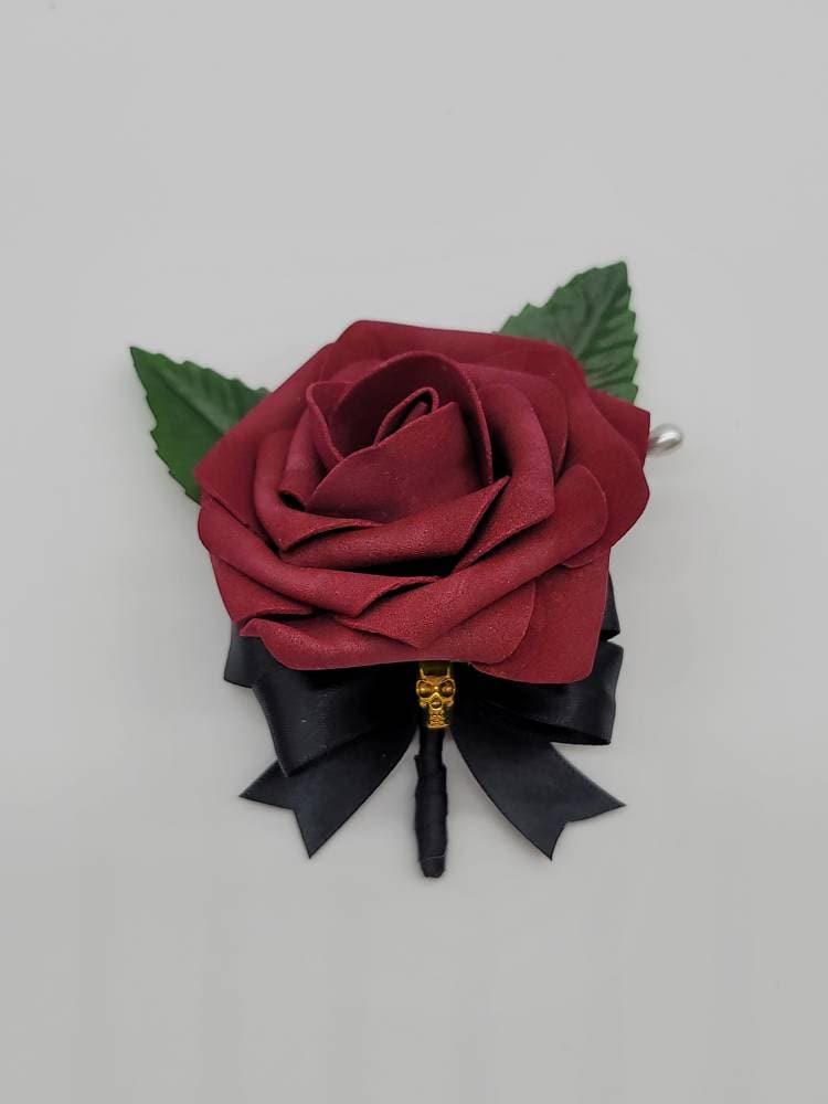 Gothic Burgundy And Black Skull Boutonnieres and Corsages, Gothic Wedding, Halloween, Matching Bouquets Available