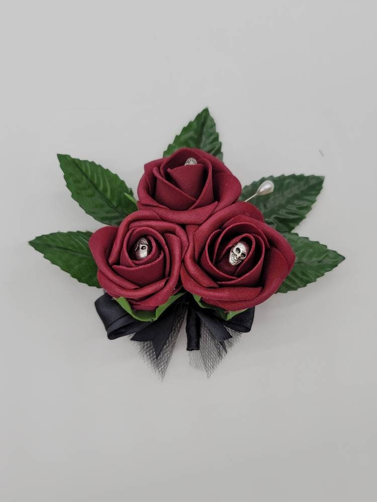 Gothic Burgundy And Black Skull Boutonnieres and Corsages, Gothic Wedding, Halloween, Matching Bouquets Available