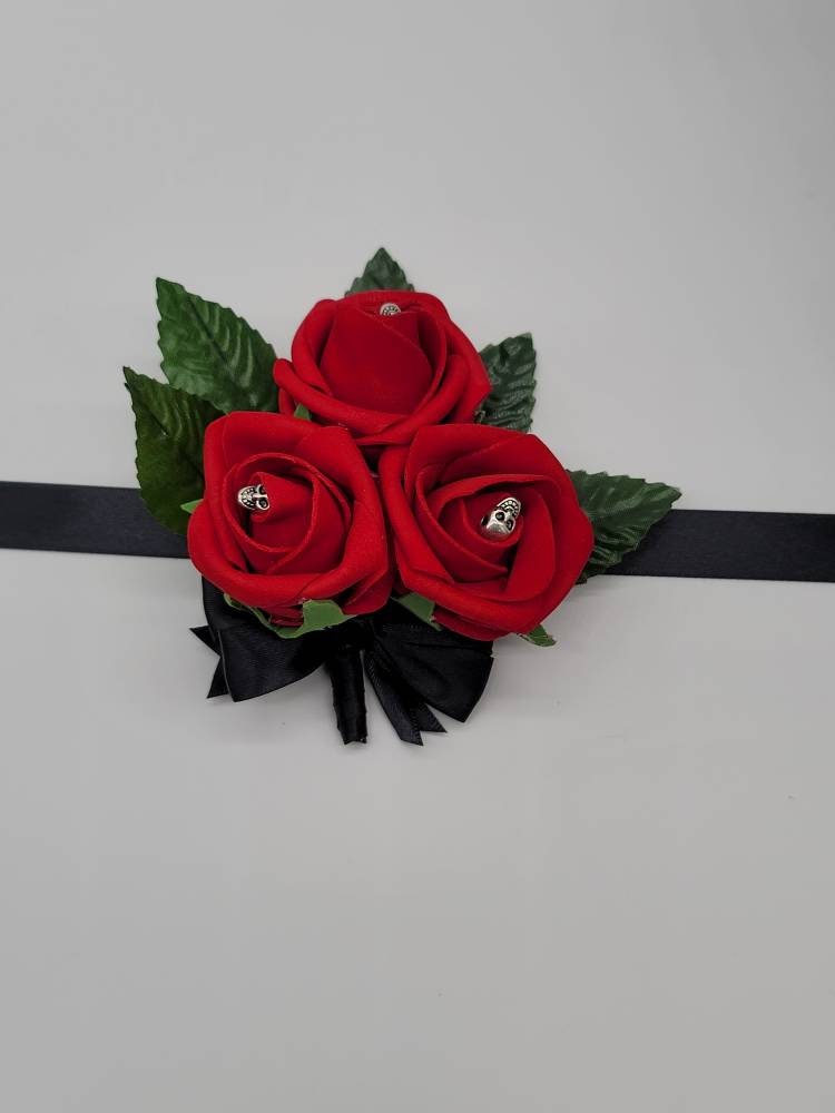 Gothic Skull Red and Black Wedding Bouquet, Bridal Bouquet, Bridesmaid Bouquet, Matching Boutonnieres And Corsages, Halloween Wedding