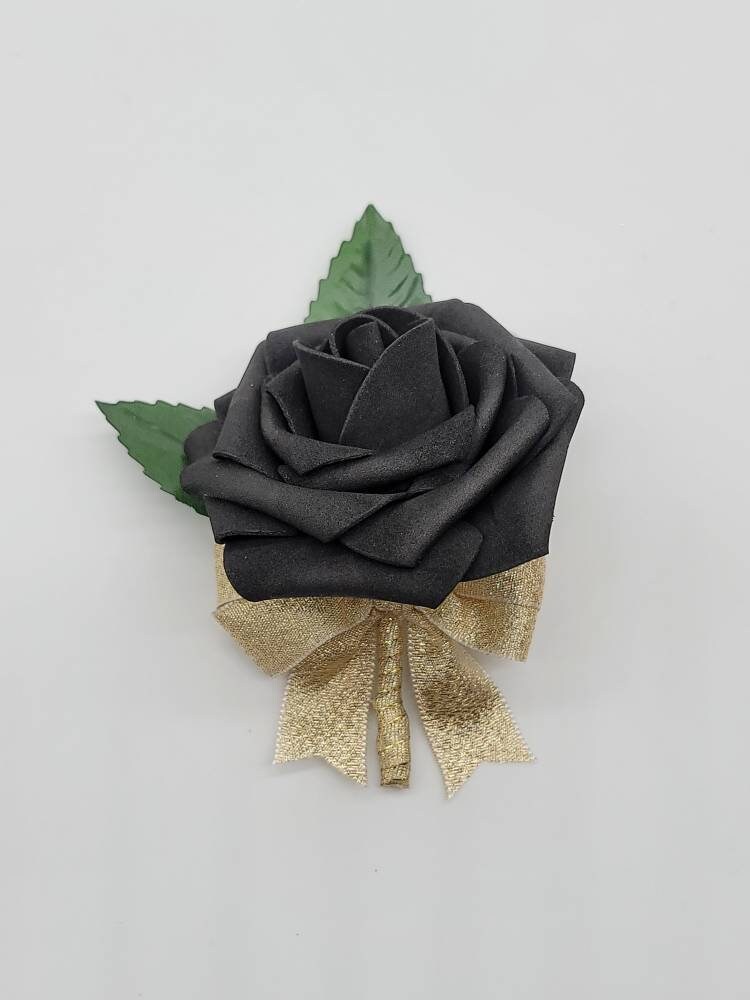 Gold And Black Corsages And Boutonnieres, Available In 27 Colors, Corsages Available In Pin On And Wrist, Matching Bouquets Available