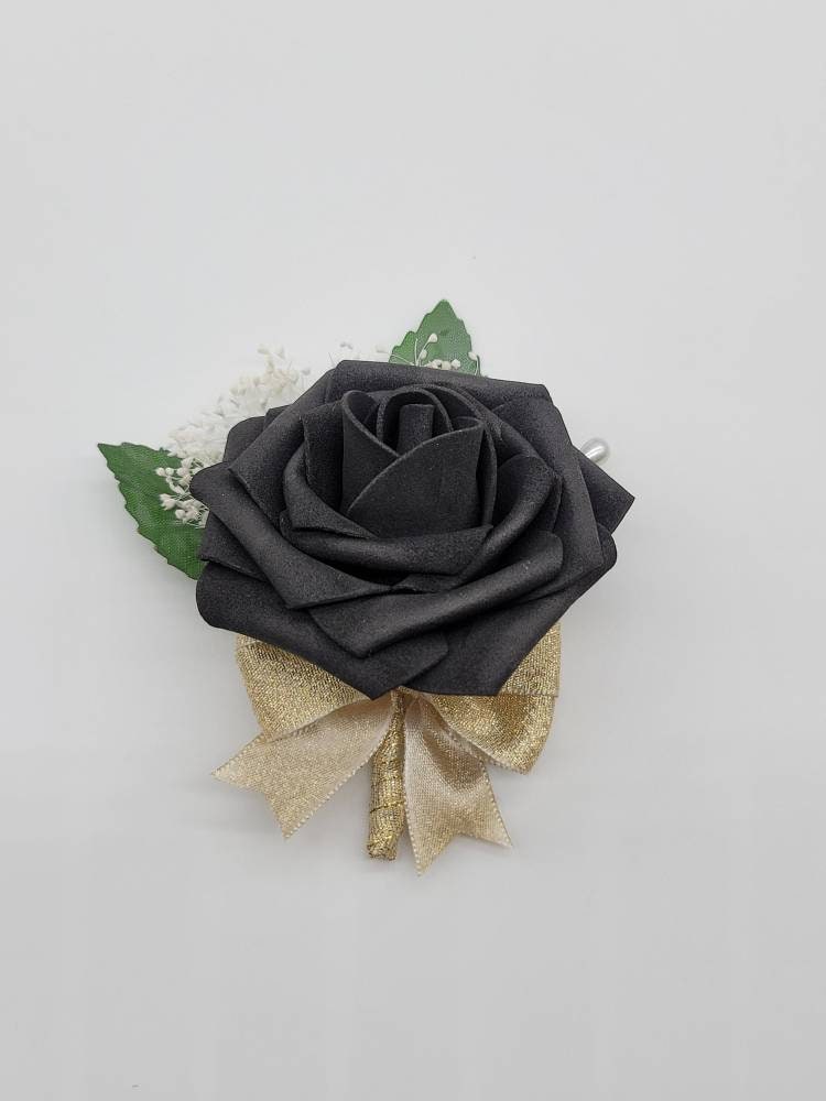 Gold And Black Corsages And Boutonnieres, Available In 27 Colors, Corsages Available In Pin On And Wrist, Matching Bouquets Available
