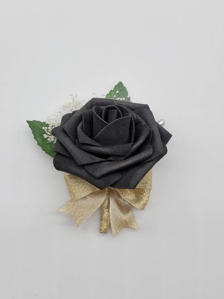Black And Gold Boutonnieres And Corsages, Corsages Available In Pin On And Wrist, Matching Bouquets Available