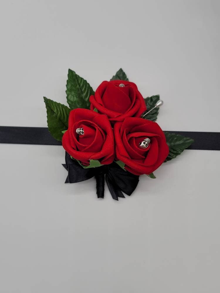 Black and Red Gothic Cascading Wedding Bouquet with Gold Skulls and Brooches