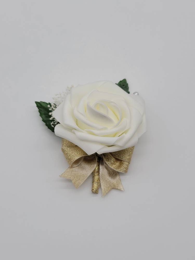 Ivory And Gold Boutonnieres And Corsages, 27 Colors Available, Corsages Available In Pin On And Wrist, Matching Bouquets Available