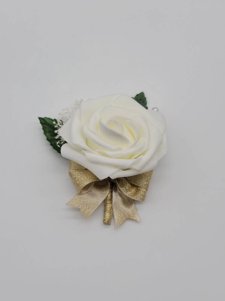 Ivory and Gold Wedding Bouquet Made With Real Touch Roses, Bridal Bouquet, Bridesmaid Bouquet and Matching Boutonnieres and Corsages