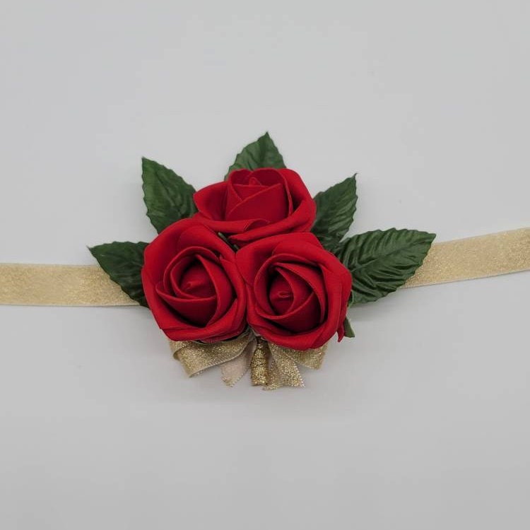 Red,Gold, and ivory Corsages And Boutonnieres,27 Colors Available, Corsages Available In Pin On And Wrist,Matching Bouquets Available