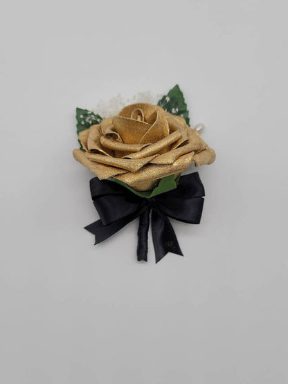 Gold And Black Boutonnieres And Corsages with or without Babies Breath, Corsages Available In Pin On And Wrist, Custom Colors Available