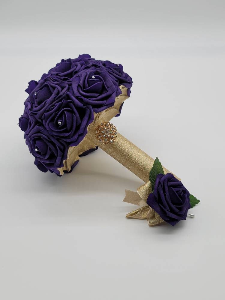 Dark Purple And Gold Boutonnieres And Corsages, 27 Colors Available, Corsages Available In Pin On And Wrist,Matching Bouquets Available