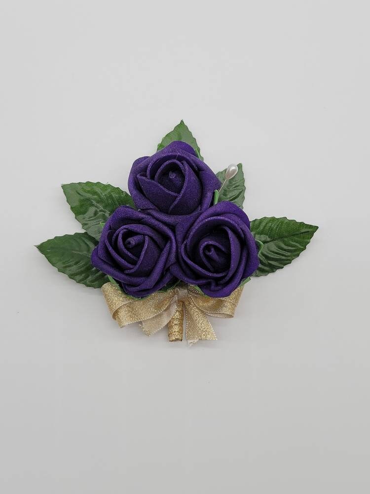 Dark Purple And Gold Boutonnieres And Corsages, 27 Colors Available, Corsages Available In Pin On And Wrist,Matching Bouquets Available