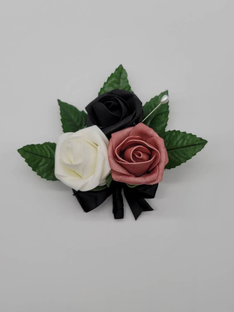 Dusty Rose, Black, and Ivory Wedding Bouquet-Modern Romantic Bridal Bouquet-Custom Colors Available-Boutonnieres and Corsages