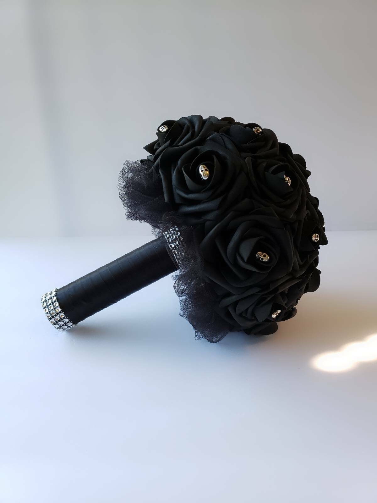 Gothic Black Skull Boutonnieres and Corsages, Pin on or Wrist Corsages, Matching Bouquets Available-Halloween Wedding