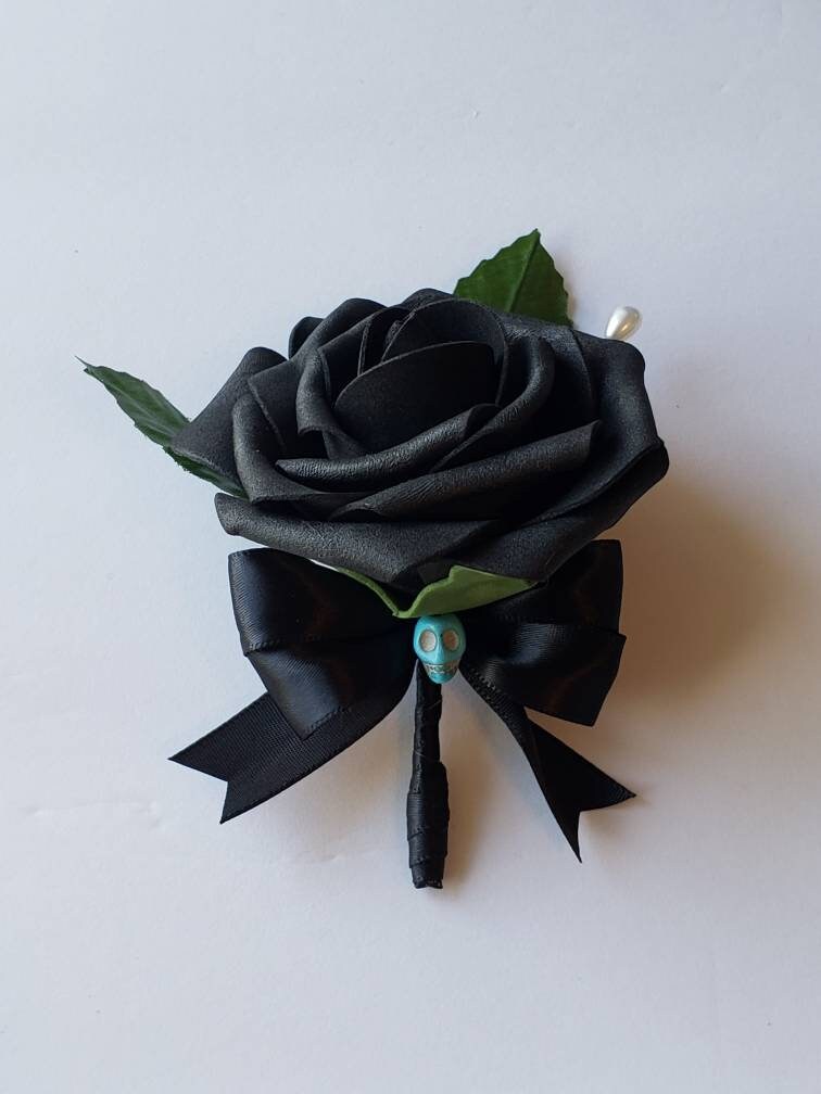 Gothic Skull White and Black Boutonnieres and Corsages, Corsages are Available in Pin on Or Wrist, Matching Bouquets Available