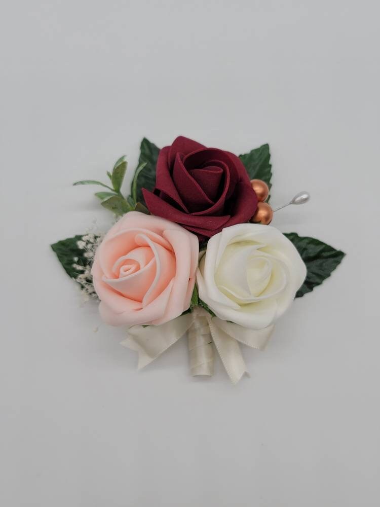 Wine red And Gold Boutonniere, Eucalyptus And Rose Gold Accents,Babais Breath, Matching Corsages And Bouquets Available 27 Colors Available,
