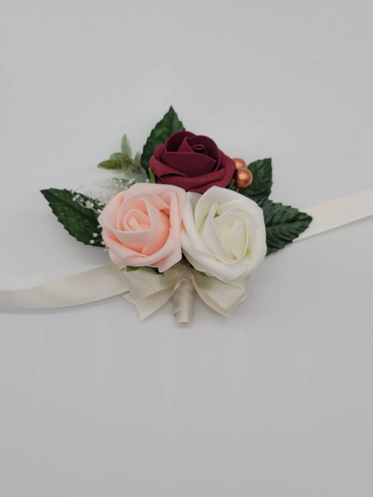Burgundy,ivory, blush corsage, Eucalyptus/rose Gold Accents,Babis Breath, Matching Boutonnieres And Bouquets Available 27 Colors Available