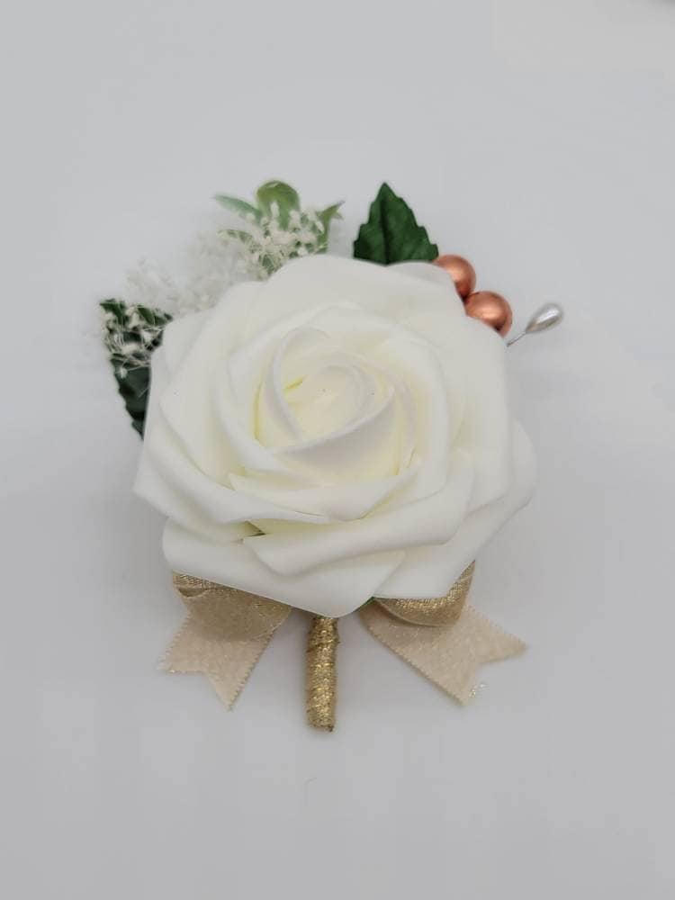 Burgundy,ivory, blush corsage, Eucalyptus/rose Gold Accents,Babis Breath, Matching Boutonnieres And Bouquets Available 27 Colors Available