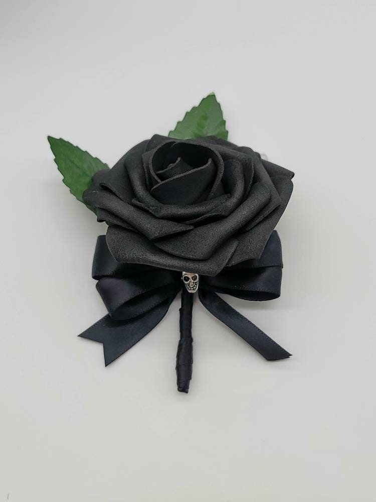 Gothic Skull Black Corsages and Boutonnieres, Corsages Available In Pin On And Wrist, Matching Bouquets Available