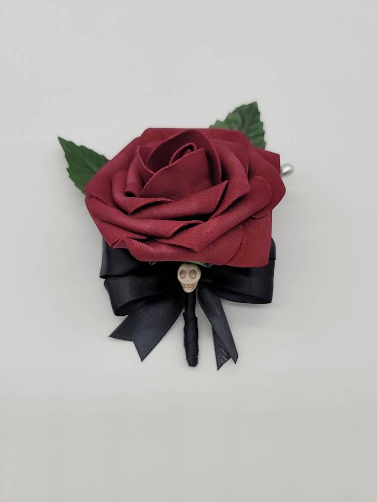Gothic Burgundy And Black Skull Boutonnieres and Corsages, Gothic Wedding, Halloween, Matching Bouquets Available