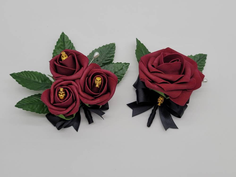 Gothic Burgundy And Black Skull Boutonnieres and Corsages, Gothic Wedding, Halloween, Matching Bouquets Available