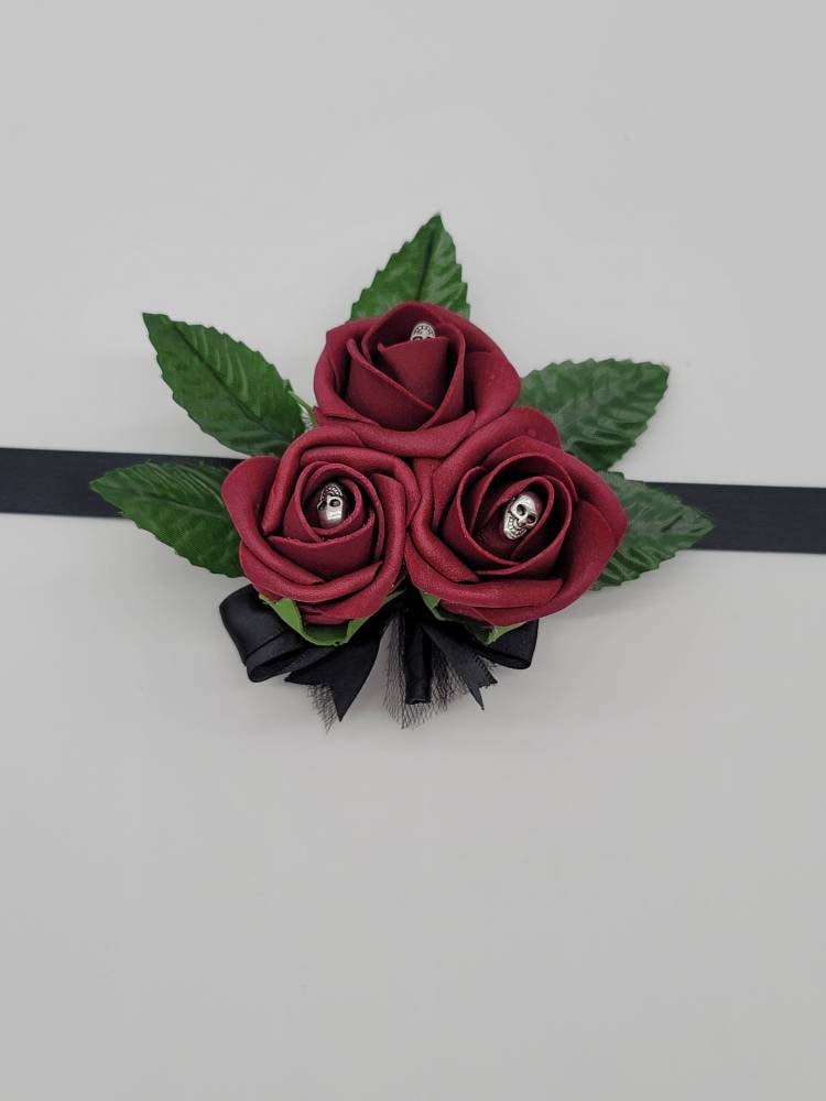 Gothic Burgundy And Black Skull Boutonnieres and Corsages, Gothic Wedding, Halloween, Matching Bouquets Available