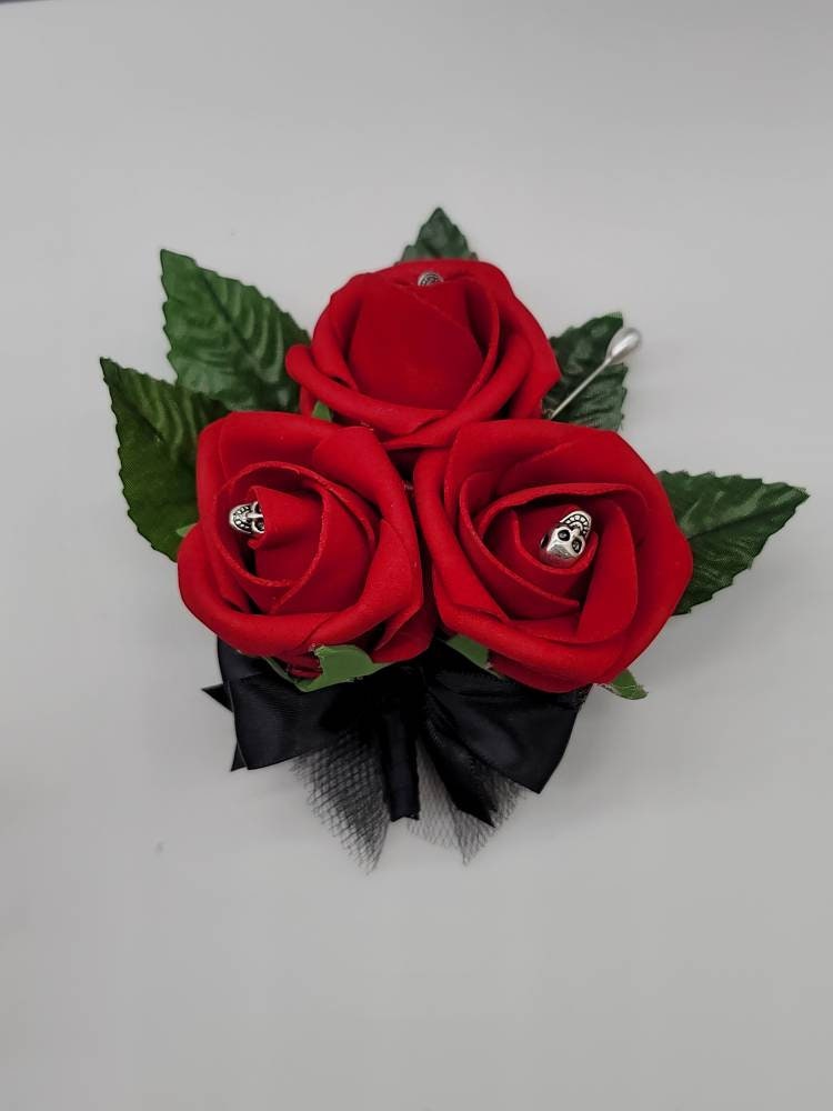 Gothic Skull Red and Black Wedding Bouquet, Bridal Bouquet, Bridesmaid Bouquet, Matching Boutonnieres And Corsages, Halloween Wedding