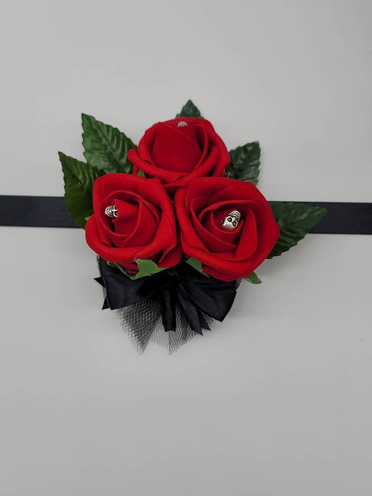 Gothic Skull Red And Black Boutonnieres and Corsage, Corsage Available in Pin on or Wrist