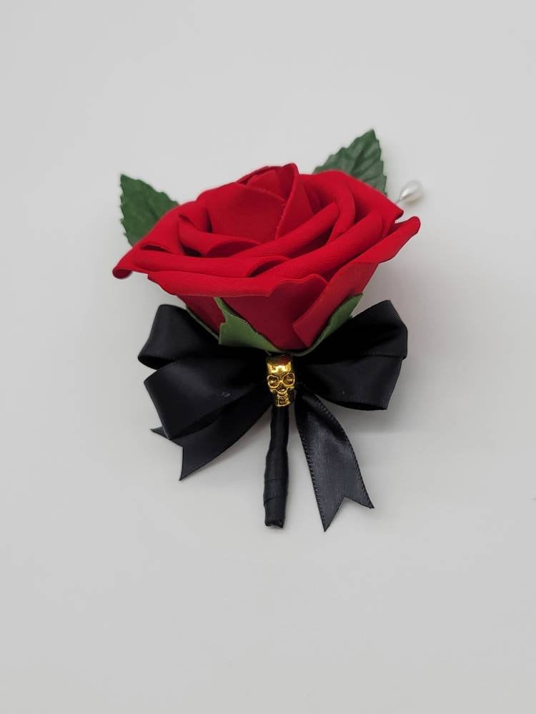 Black and Red Gothic Cascading Wedding Bouquet with Gold Skulls and Brooches