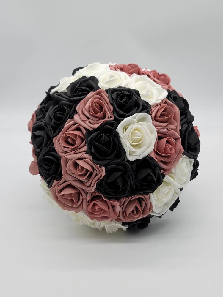 Dusty Rose, Black, and Ivory Wedding Bouquet-Modern Romantic Bridal Bouquet-Custom Colors Available-Boutonnieres and Corsages