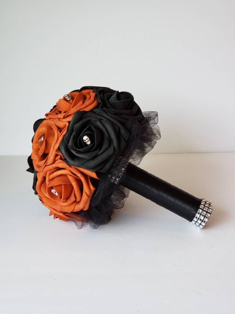 Gothic Skull Burnt Orange And Black Boutonnieres and Corsages, Corsages Available in Pin on and Wrist, Halloween Wedding