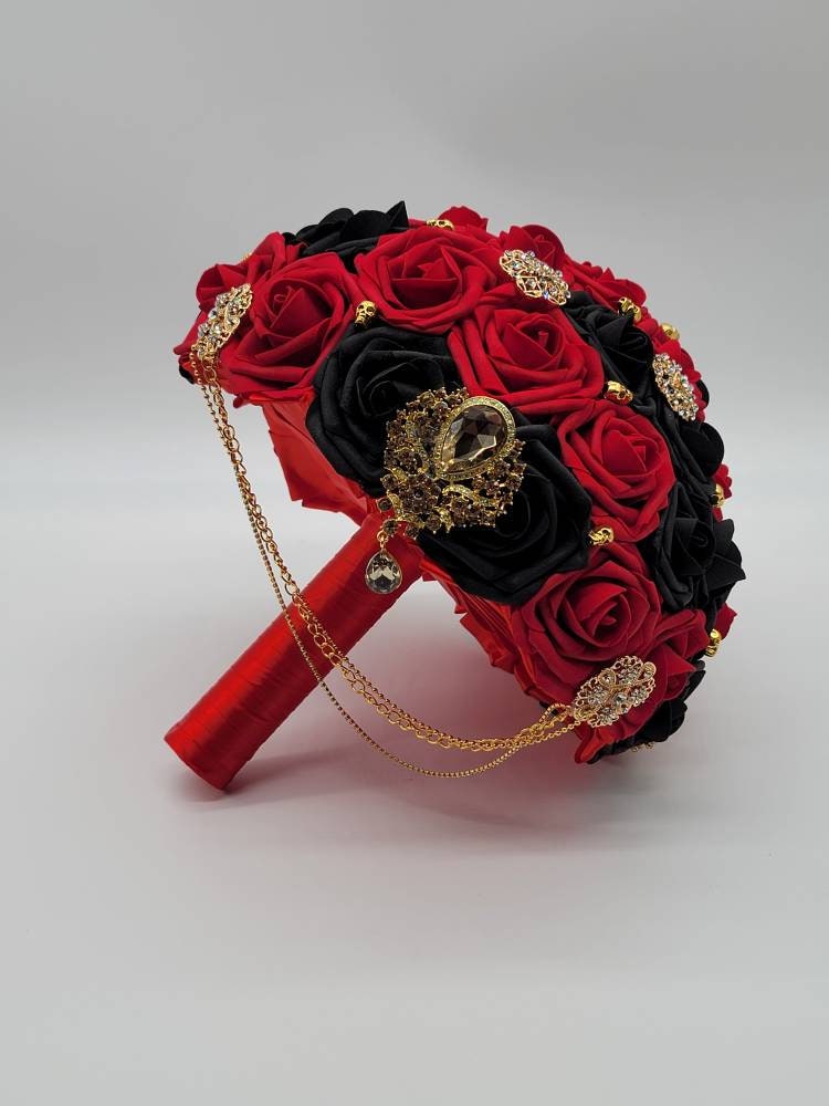 Black and Red Gothic Cascading Wedding Bouquet with Gold Skulls and Brooches