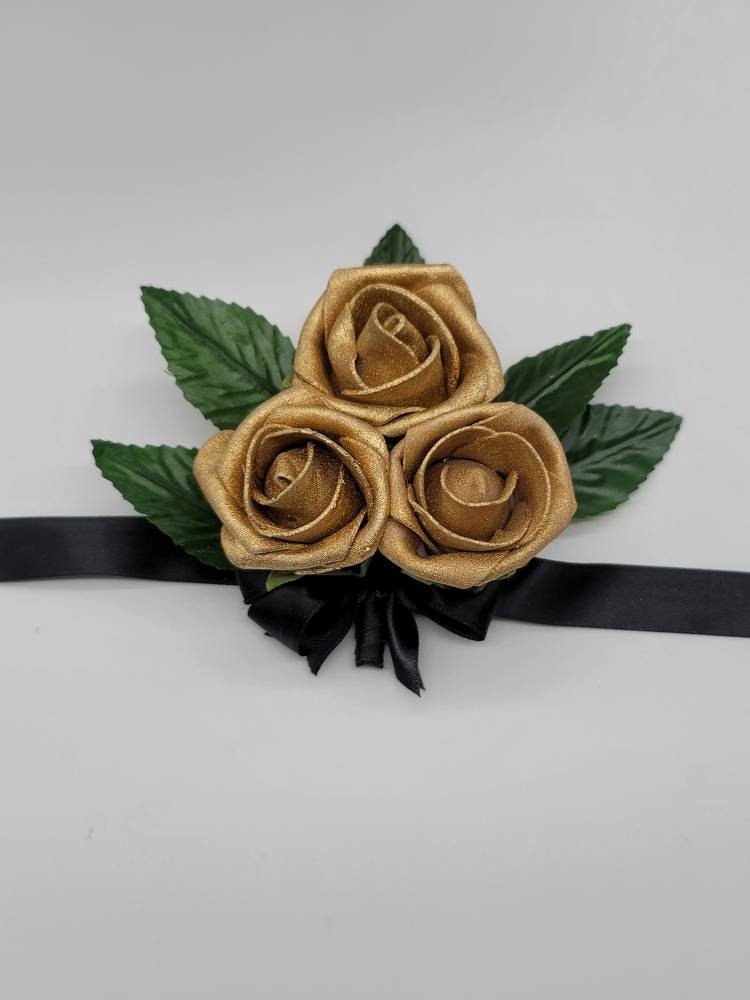 Gold And Black Boutonnieres And Corsages, Corsages Available in Pin on and Wrist, Matching Bouquets Available
