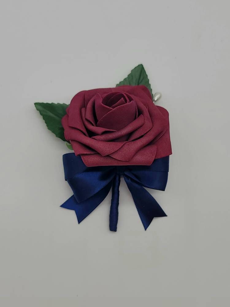 Burgundy And Navy Corsages and Boutonnieres,Available In 27 Colors, Corsages Available In Pin On And Wrist, Matching Bouquets Available