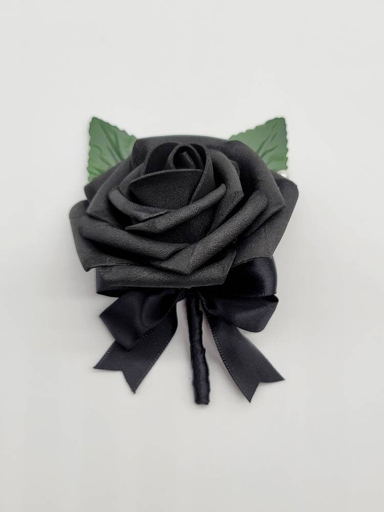 Black Corsages And Boutonnieres With Matching Bouquets Available In 27 Colors, Corsages Available In Pin On And Wrist