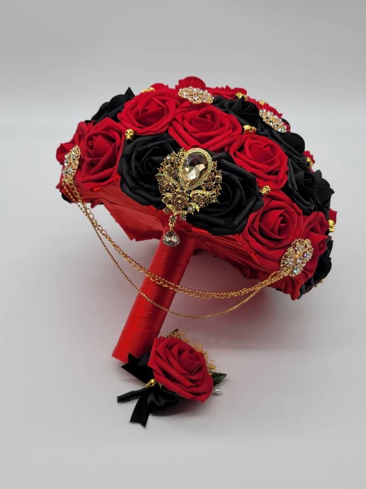 Black and Red Gothic Cascading Wedding Bouquet with Gold Skulls and Brooches