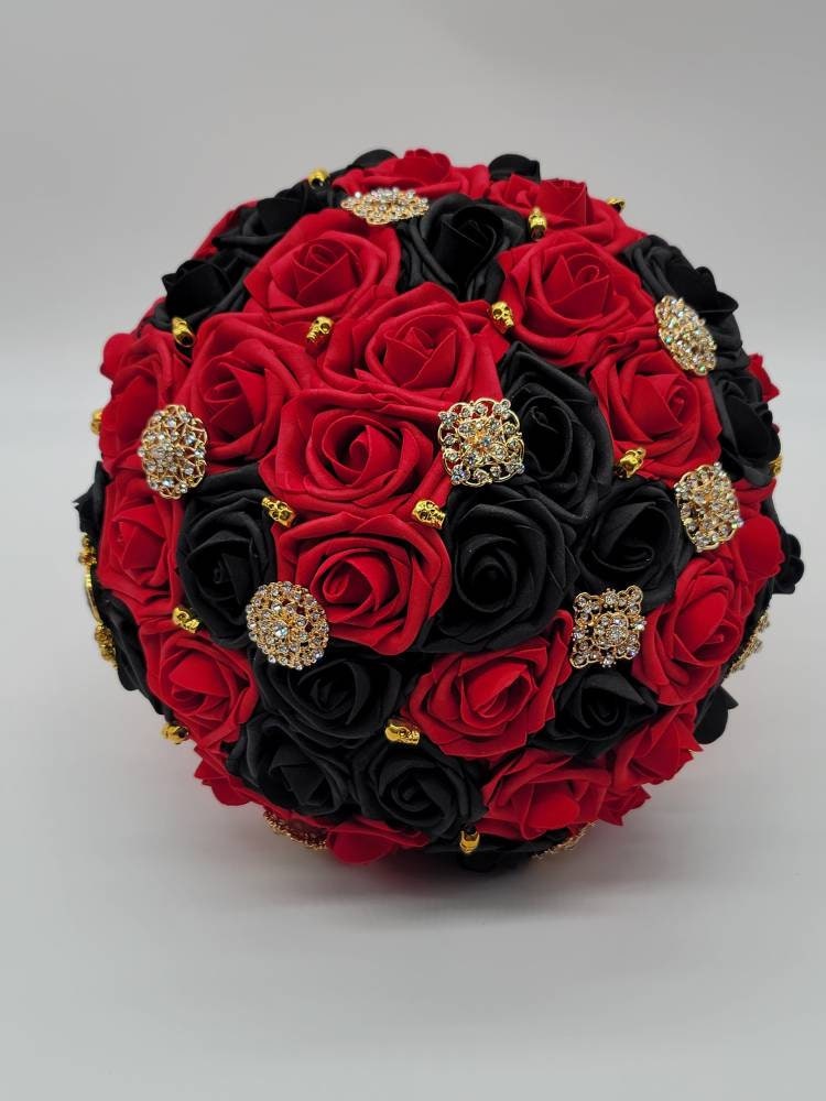 Black and Red Gothic Cascading Wedding Bouquet with Gold Skulls and Brooches