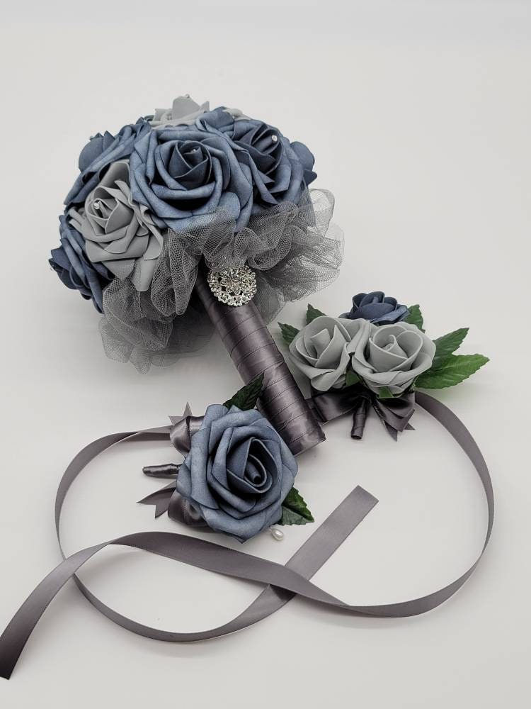 Dusty Blue And Grey Bridal Bouquet Made With Real Touch Roses, Wedding Bouquet, Bridesmaid Bouquet- Matching Boutonnieres and Corsages