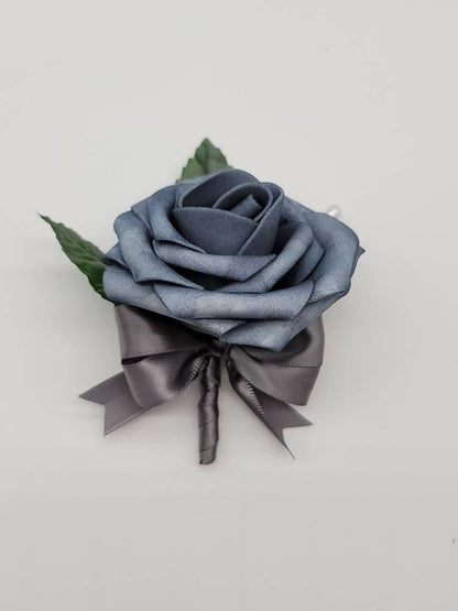 Dark Dusty Blue Boutonnieres And Corsages, Available In 27 Colors, Corsages Available In Pin On And Wrist, Matching Bouquets Available