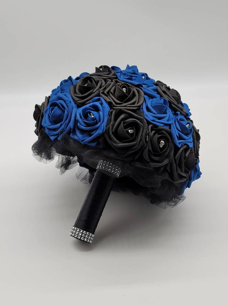 Gothic Skull Royal Blue And Black Wedding Bouquet, Bridal Bouquet, Bridesmaid Bouquet, Matching Corsages and Boutonnieres, Halloween Wedding