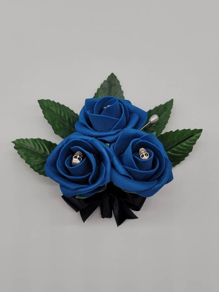 Gothic Royal Blue And Black Skull Wedding Bouquet, Bridal Bouquet, Bridesmaid Bouquet, Matching Boutonnieres and Corsages, Halloween Bouquet
