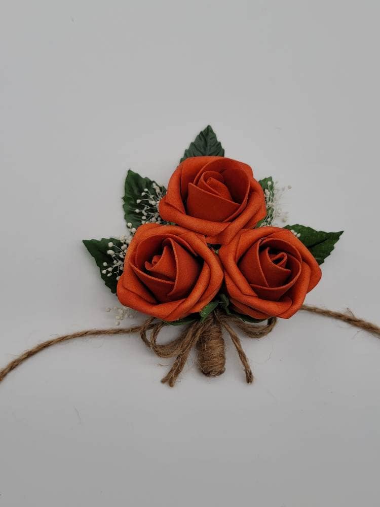 Burnt Orange And Burlap Boutonnieres And Corsages,27 Colors Available, Corsages Available In Pin On And Wrist,Matching Bouquets Available