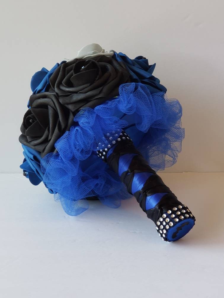 Black And Royal Blue corsage With French Twist Stem And Rhinestones On Roses. Men's Boutonniere,27 Colors Available,Matching Bouquets