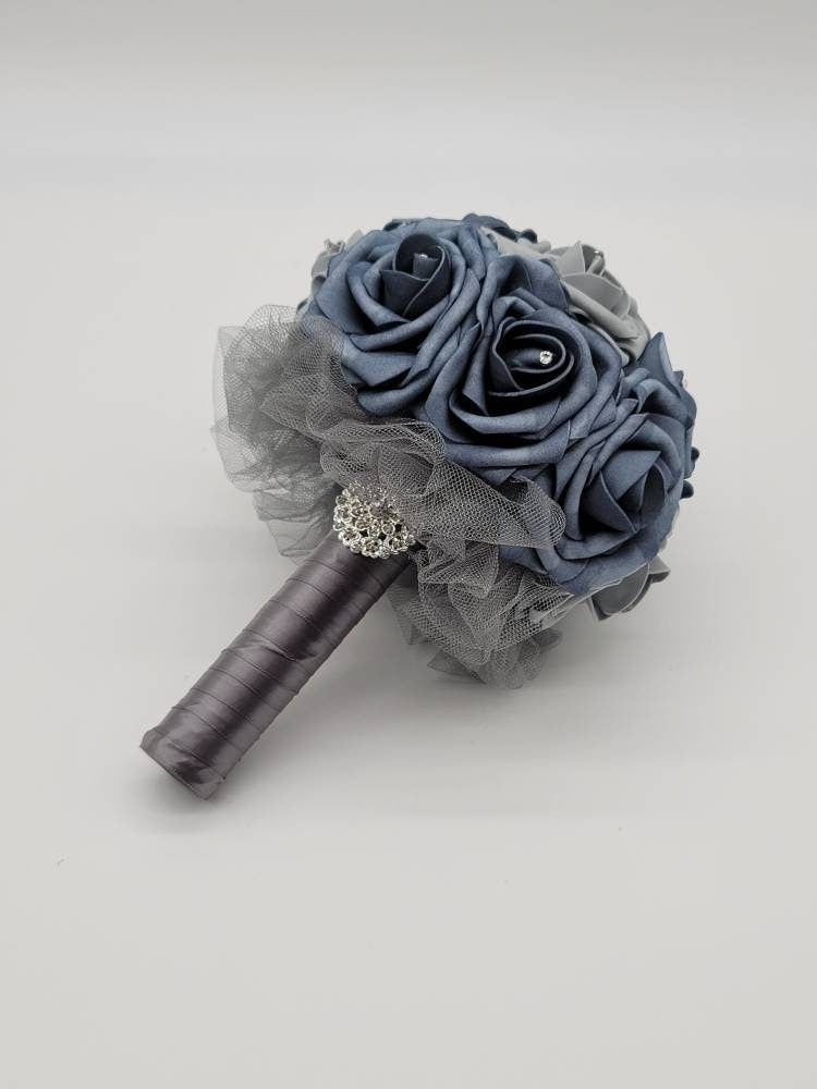 Dusty Blue And Grey Bridal Bouquet Made With Real Touch Roses, Wedding Bouquet, Bridesmaid Bouquet- Matching Boutonnieres and Corsages