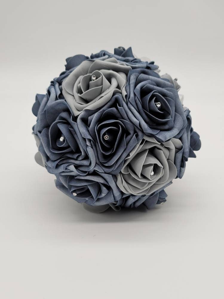 Dusty Blue And Grey Bridal Bouquet Made With Real Touch Roses, Wedding Bouquet, Bridesmaid Bouquet- Matching Boutonnieres and Corsages