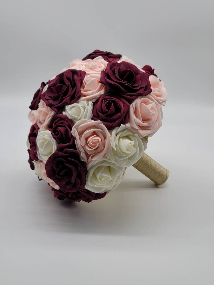 Burgundy,ivory, blush corsage, Eucalyptus/rose Gold Accents,Babis Breath, Matching Boutonnieres And Bouquets Available 27 Colors Available