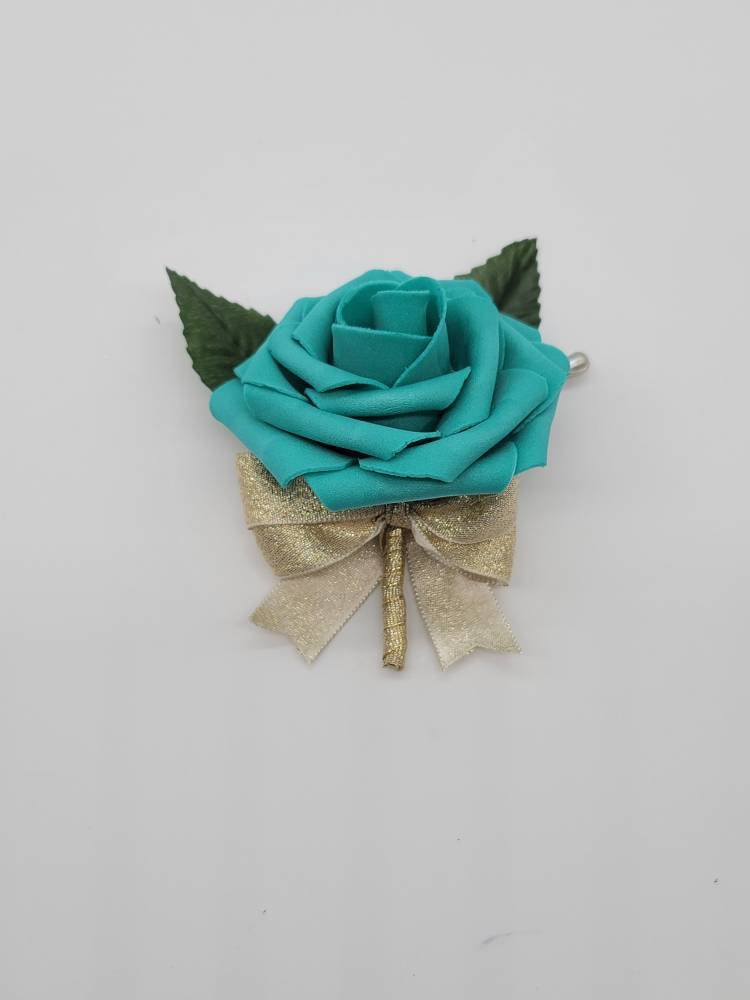 Teal And Gold Boutonnieres And Corsages, Available In 27 Colors, Corsages Available In Pin On And Wrist, Matching Bouquets Available