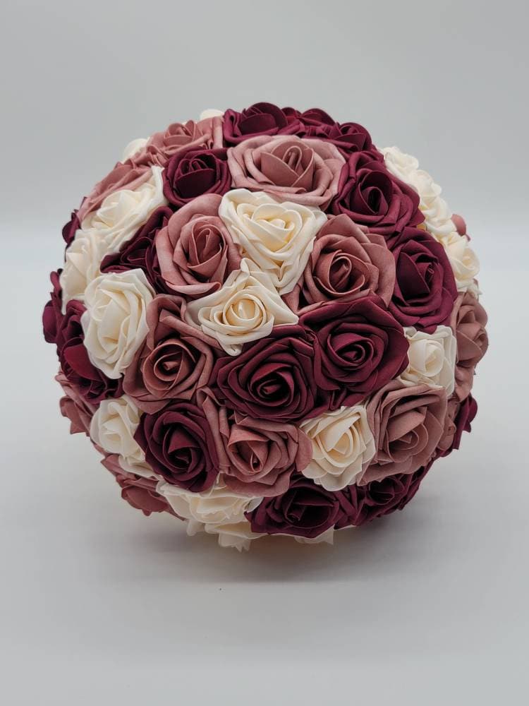 Burgundy, Dusty Rose, & Cream Wedding Bouquet Made With Real Touch Roses, Bridal Bouquet, Bridesmaid Bouquet/ Matching Boutonniere/Corsages