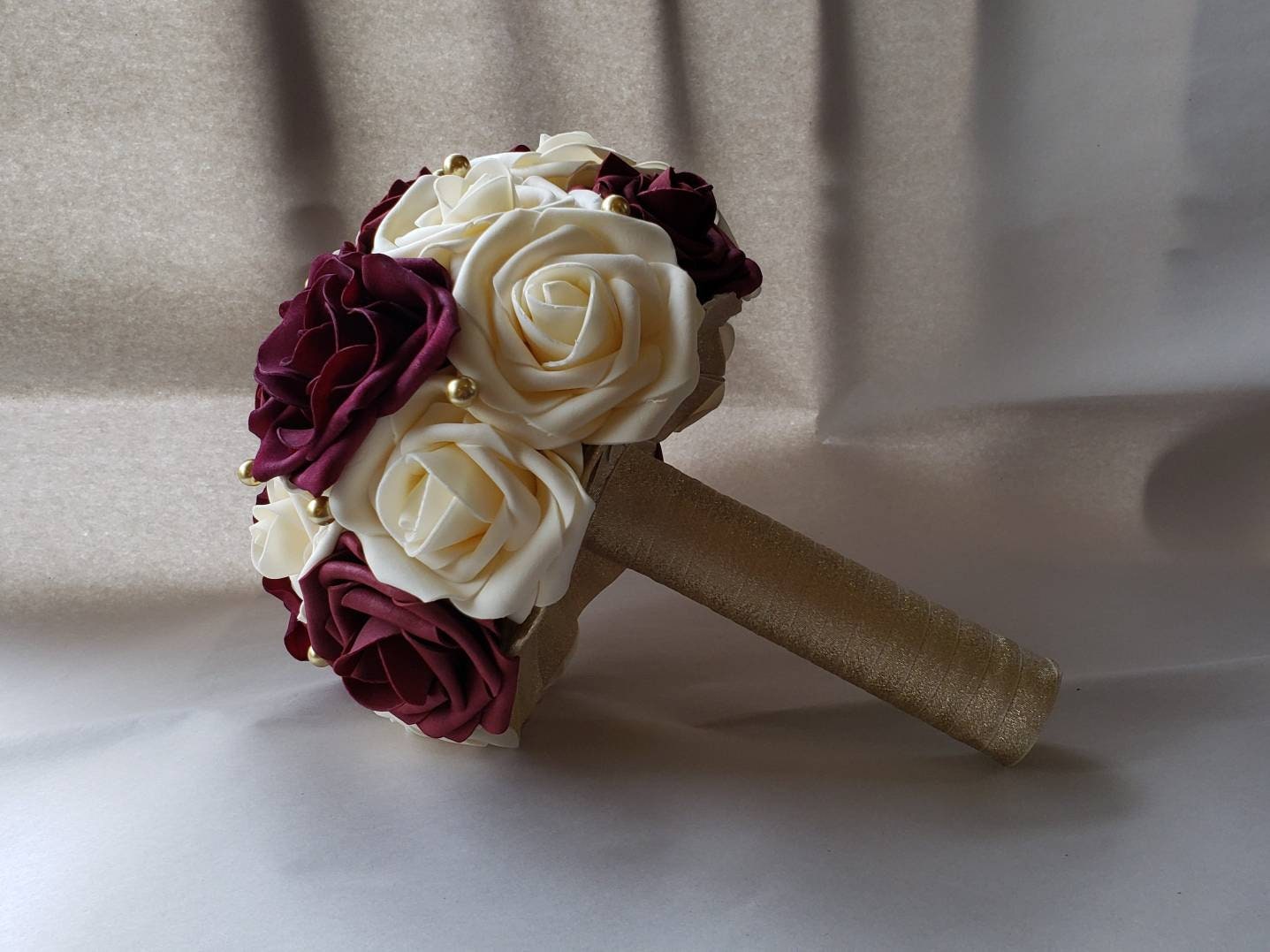 Burgundy and Cream Bridal Bouquet with Gold Accents