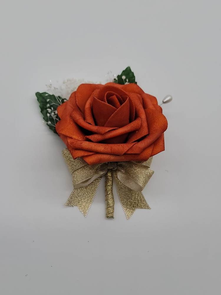 Burnt Orange And Gold Boutonnieres And Corsages, Available In 26 Colors, Corsages Available In Pin On And Wrist,Matching Bouquets Available