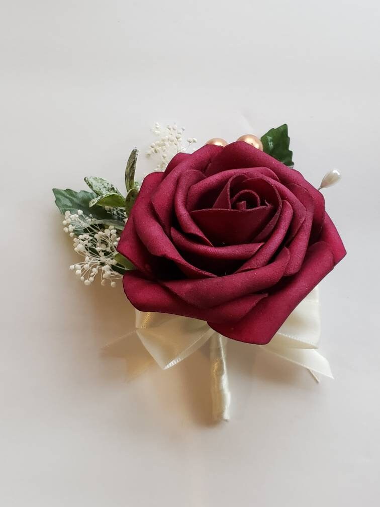 Wine red And Gold Boutonniere, Eucalyptus And Rose Gold Accents,Babais Breath, Matching Corsages And Bouquets Available 27 Colors Available,