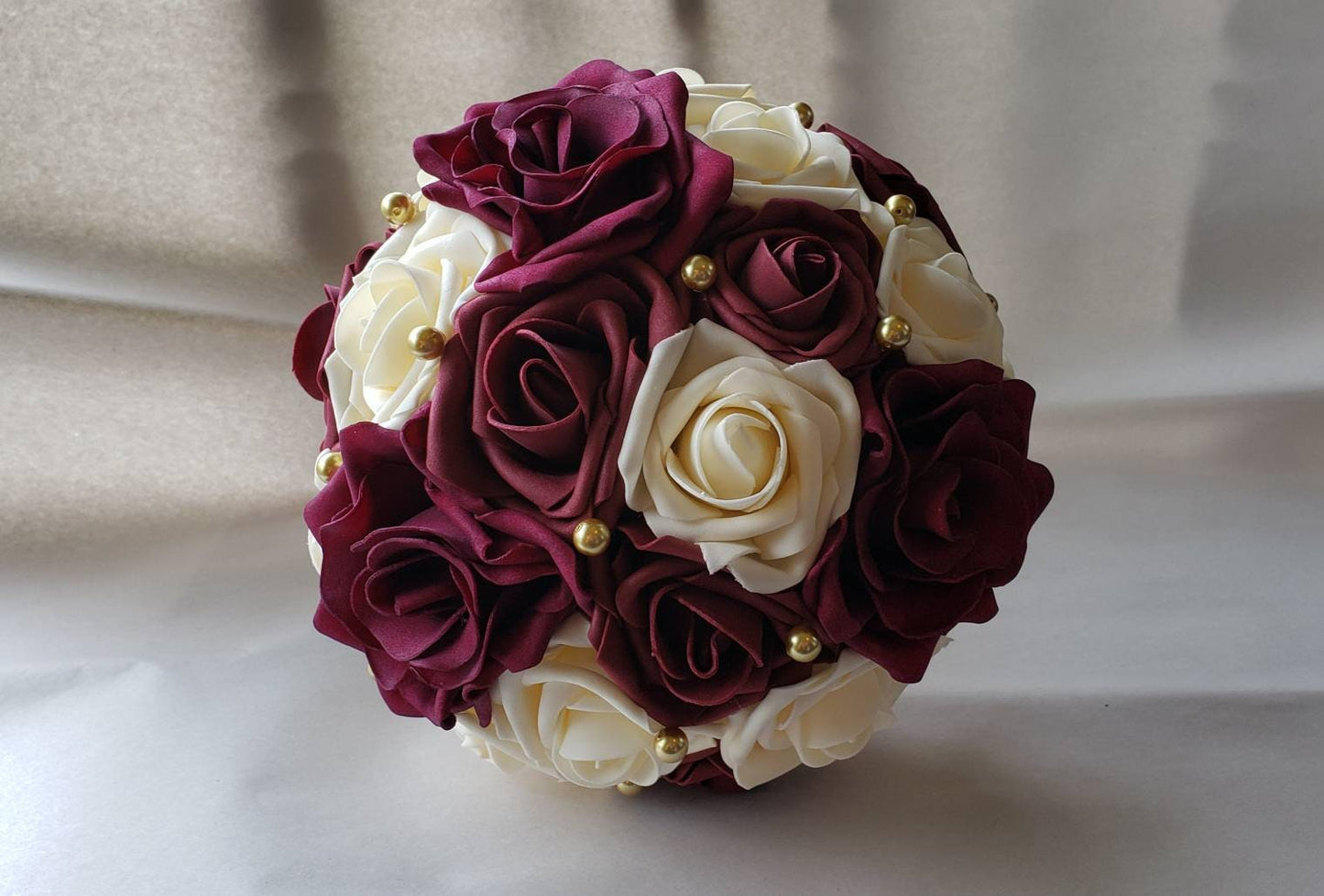 Burgundy and Cream Bridal Bouquet with Gold Accents