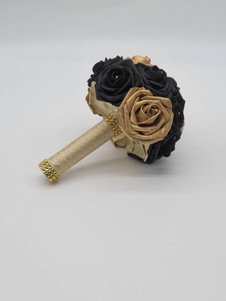 Gold And Black Corsages And Boutonnieres, Available In 27 Colors, Corsages Available In Pin On And Wrist, Matching Bouquets Available